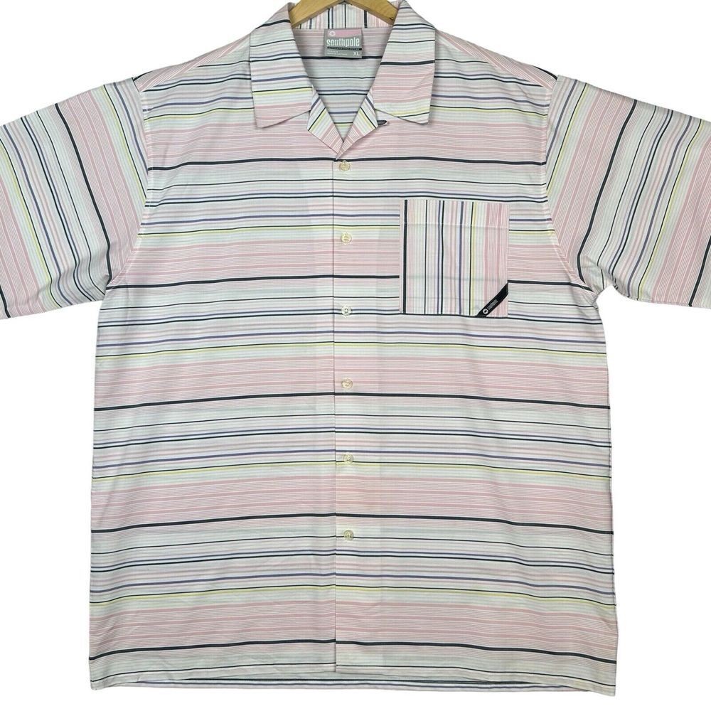 SouthPole Shirt Mens XL Pink Stripe Short Sleeve Button Up Authentic Collection
